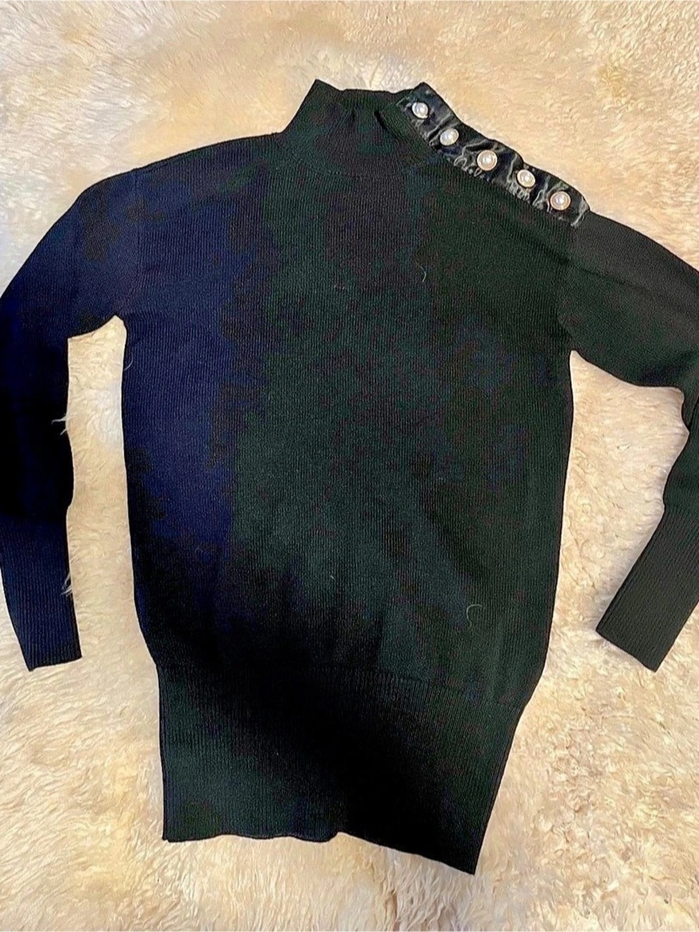 White House Black Market Black Mock Neck Sweater With Pearl Shoulder Buttons